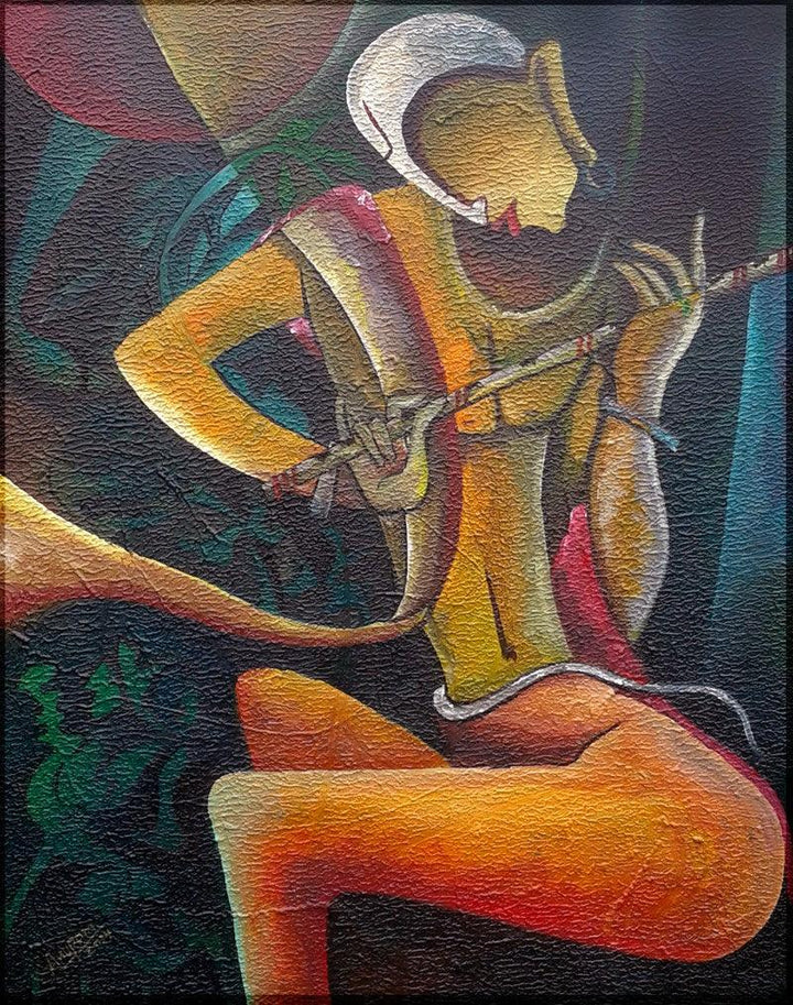 Figurative mixed media painting titled 'Muralidhar One Who Holds Th', 30x24 inches, by artist Anupam Pal on Canvas