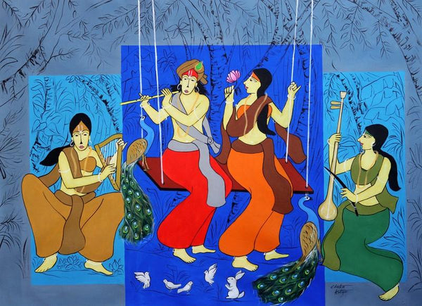 Religious acrylic painting titled 'Murari', 34x46 inches, by artist Chetan Katigar on canvas