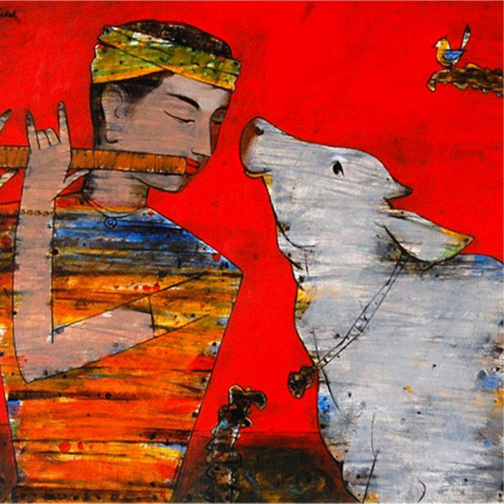 Figurative acrylic painting titled 'Murli And Cow', 16x18 inches, by artist Raju Terdals on Canvas