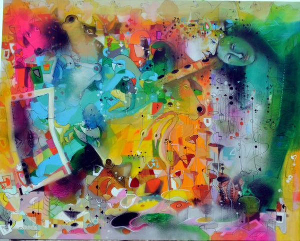 Abstract acrylic painting titled 'Murli', 44x54 inches, by artist Madan Lal on Canvas