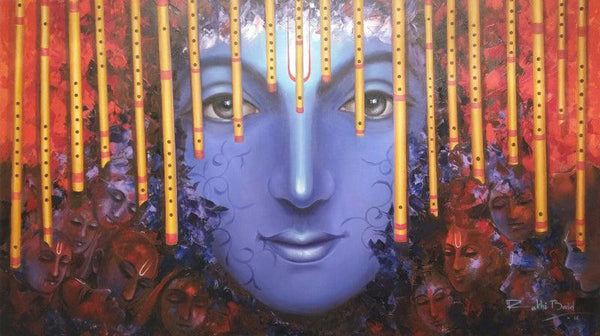 Religious acrylic painting titled 'Murli Manohar', 40x70 inches, by artist Rakhi Baid on Canvas