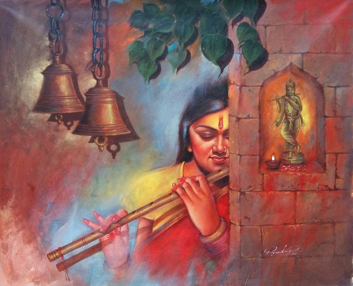 Religious acrylic painting titled 'Murli Vala', 30x36 inches, by artist Pradeep Kumar on Canvas