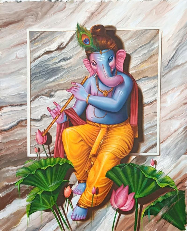 Religious oil painting titled 'Murli Wala Ganesha', 48x36 inches, by artist Pradeep Kumar on Canvas