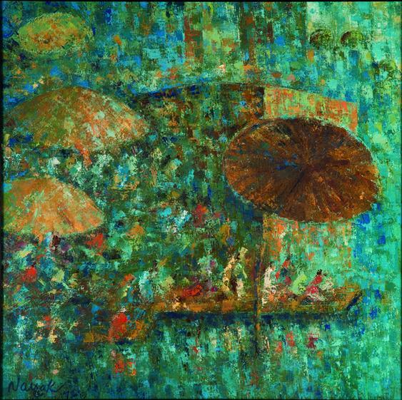 Impressionist oil painting titled 'Mushroomed Umbrella', 24x24 inches, by artist Upendra Nayak on Canvas