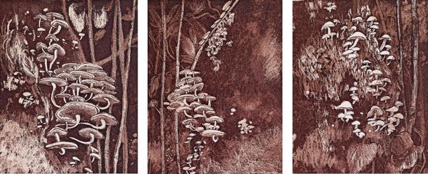 Nature printmaking titled 'Mushrooms In The Woods', 7x21 inches, by artist Prachi Sahasrabudhe on Paper