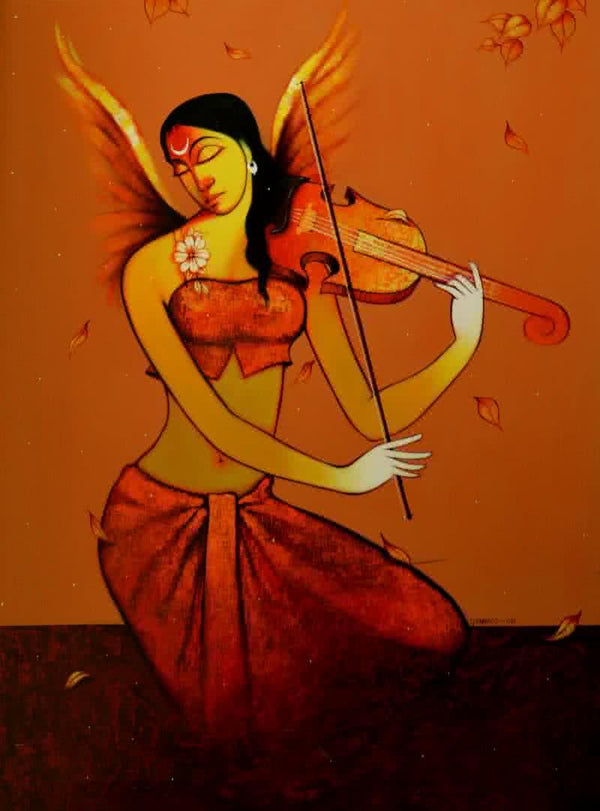 Figurative acrylic painting titled 'Music 2', 72x48 inches, by artist Pramod Jagtap on Canvas