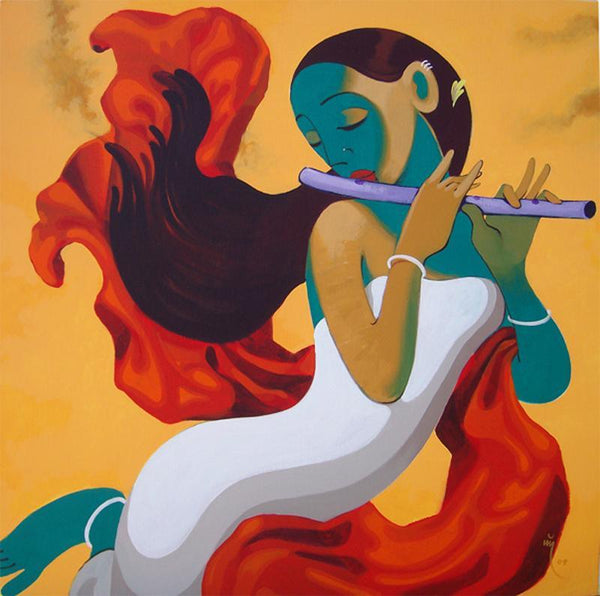 Figurative acrylic painting titled 'Music 6', 36x36 inches, by artist Prakash Pore on Canvas