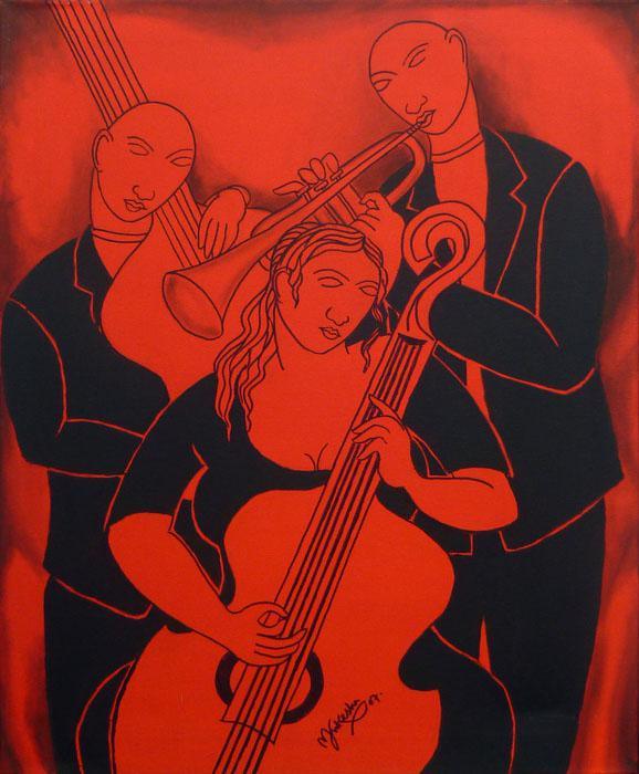 Figurative acrylic painting titled 'Music Company', 30x24 inches, by artist Mukesh on Canvas