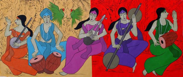 Figurative acrylic painting titled 'Music Contention', 26x61 inches, by artist Chetan Katigar on Canvas