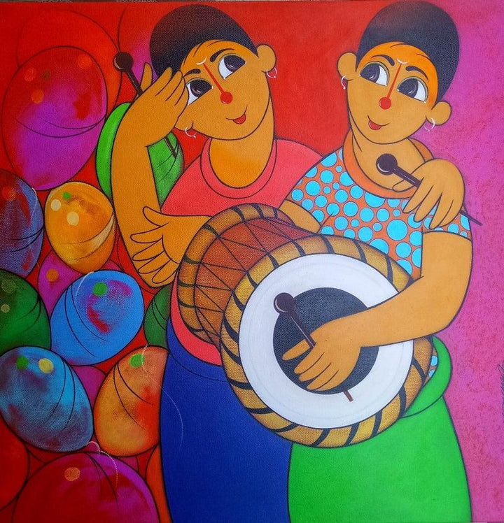 Figurative acrylic painting titled 'MUSIC DAY', 24x24 inches, by artist Dnyaneshwar Bembade on Canvas