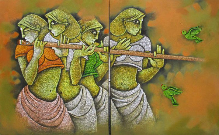 Figurative acrylic painting titled 'Music III', 30x48 inches, by artist Satyajeet Shinde on Canvas