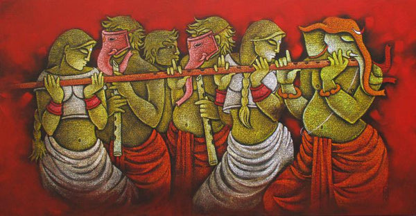 Figurative acrylic painting titled 'Music IV', 30x48 inches, by artist Satyajeet Shinde on Canvas