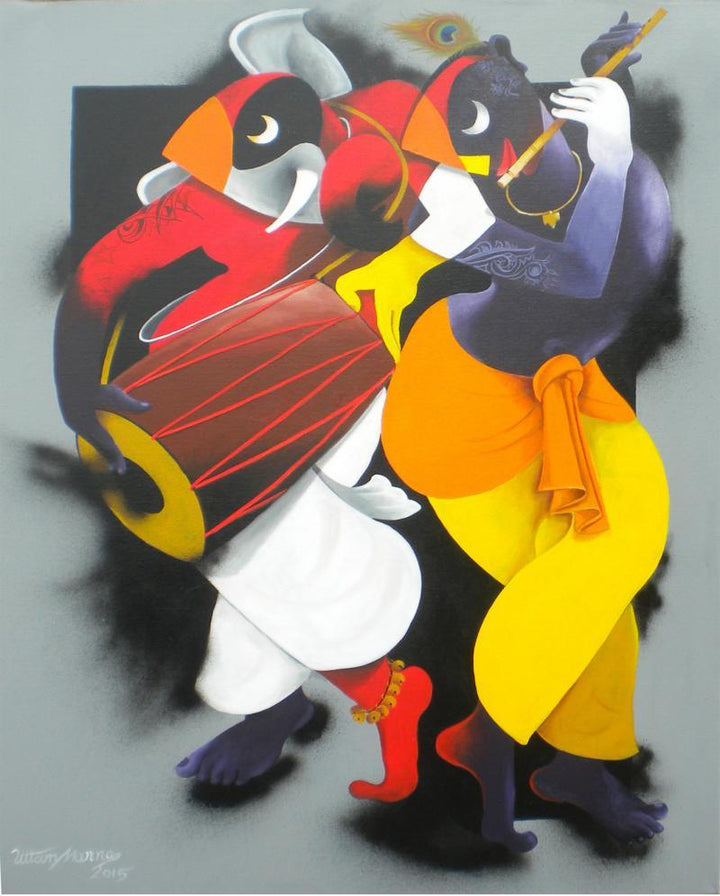 Figurative acrylic painting titled 'Music Maker', 36x48 inches, by artist Uttam Manna on Canvas