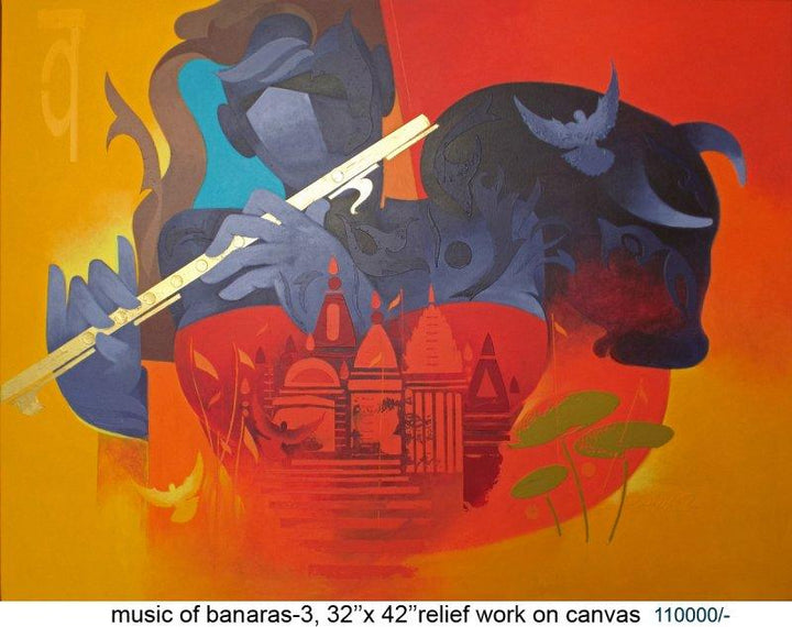 Figurative acrylic painting titled 'Music Of Banaras 3', 32x42 inches, by artist Ranjit Singh on Canvas