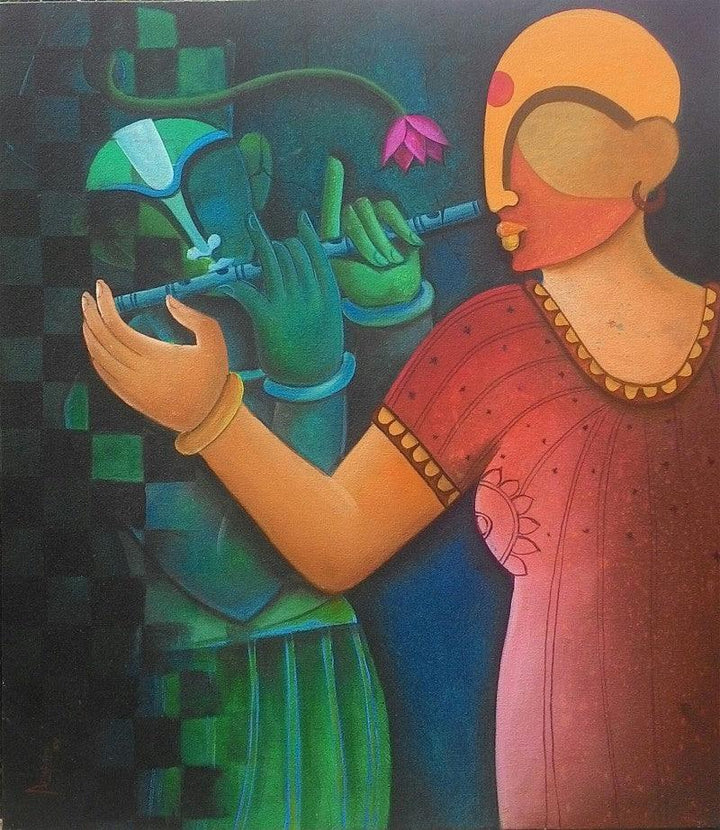 Figurative acrylic painting titled 'Music To My Sorrow1', 28x25 inches, by artist Anupam Pal on Canvas