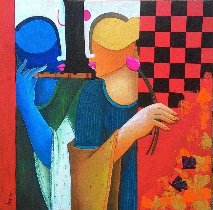 Figurative acrylic painting titled 'Music To My Sorrow2', 24x24 inches, by artist Anupam Pal on Canvas