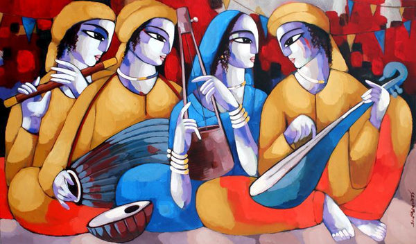 Figurative acrylic painting titled 'Music VI', 36x60 inches, by artist Sekhar Roy on Canvas