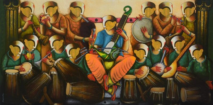 contemporary acrylic painting titled 'Musical band 10', 60x120 inches, by artist Anupam Pal on canvas