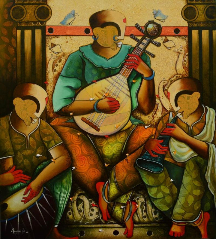 contemporary acrylic painting titled 'Musical band 11', 54x48 inches, by artist Anupam Pal on canvas