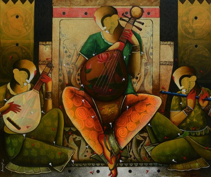 Figurative acrylic painting titled 'Musical Band 12', 60x72 inches, by artist Anupam Pal on canvas