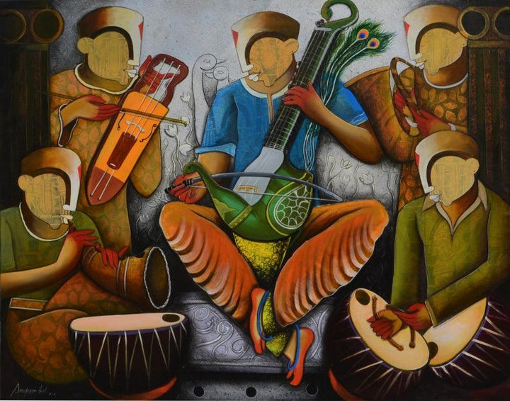 contemporary acrylic painting titled 'Musical Band 6', 48x60 inches, by artist Anupam Pal on canvas