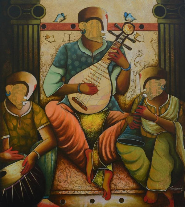 contemporary acrylic painting titled 'Musical band 7', 48x54 inches, by artist Anupam Pal on canvas