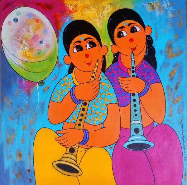 Figurative acrylic painting titled 'MUSICAL CELEBRATION', 24x24 inches, by artist Dnyaneshwar Bembade on CANVAS