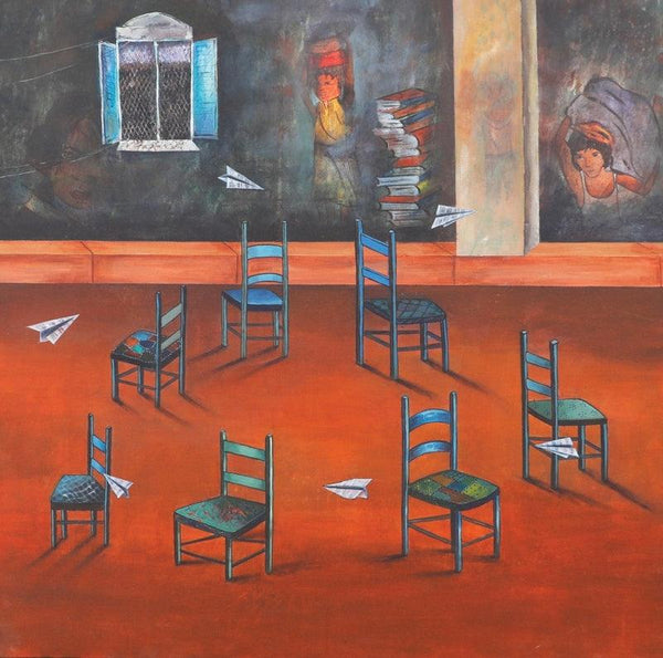 Still-life acrylic painting titled 'Musical Chair', 36x36 inches, by artist Isha Bawiskar on Canvas