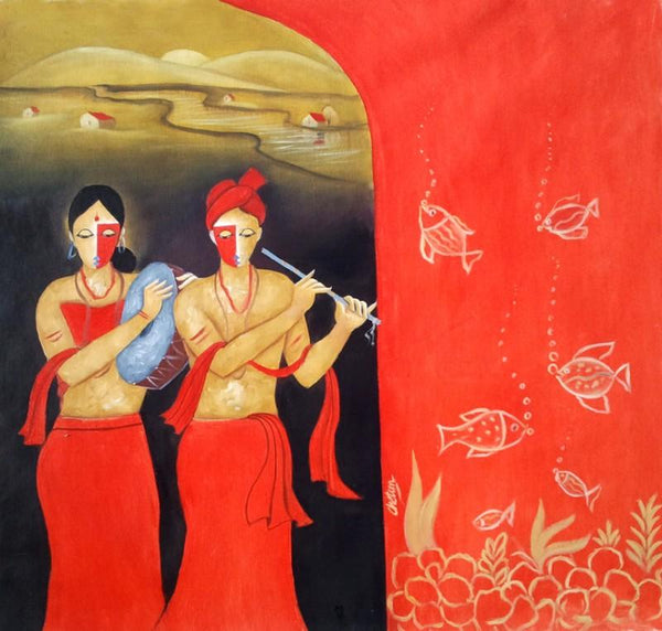 Figurative oil painting titled 'Musical Couple', 30x30 inches, by artist Chetan Katigar on Canvas