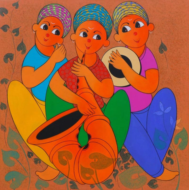 Figurative acrylic painting titled 'Musical Enjoy 1', 36x36 inches, by artist Dnyaneshwar Bembade on Canvas