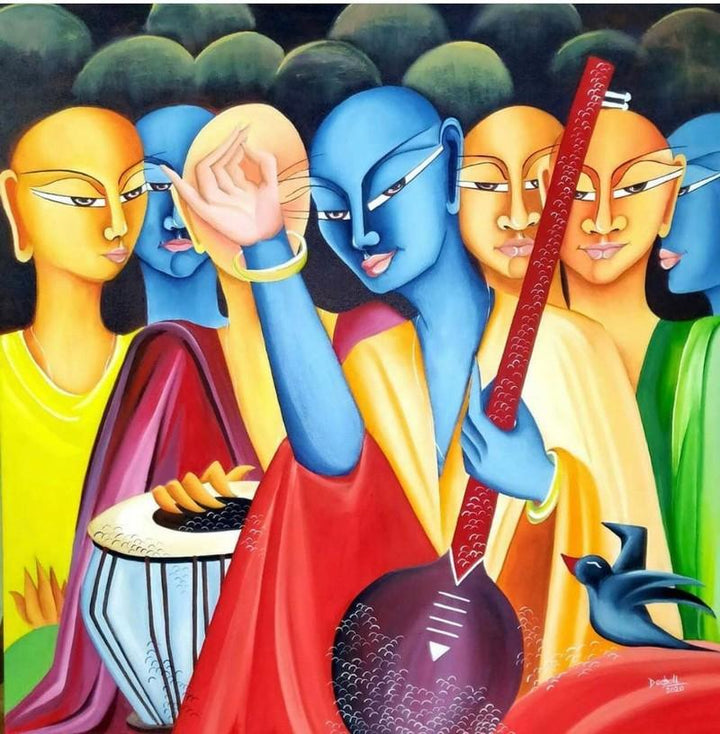 contemporary oil painting titled 'Musical ensemble', 36x36 inches, by artist Deepali Mundra on Canvas