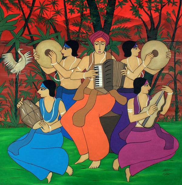 Figurative acrylic painting titled 'Musical Evening', 48x48 inches, by artist Chetan Katigar on canvas