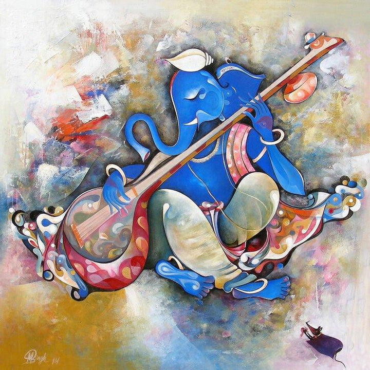 Religious acrylic painting titled 'Musical Ganesha', 48x48 inches, by artist M Singh on Canvas