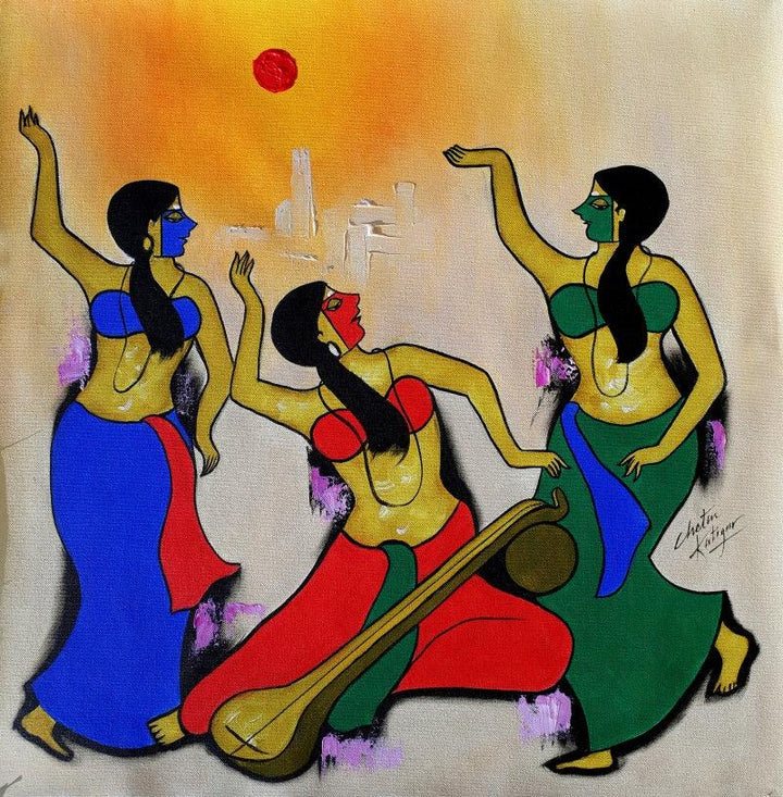 contemporary acrylic painting titled 'Musical Group', 24x24 inches, by artist Chetan Katigar on Canvas