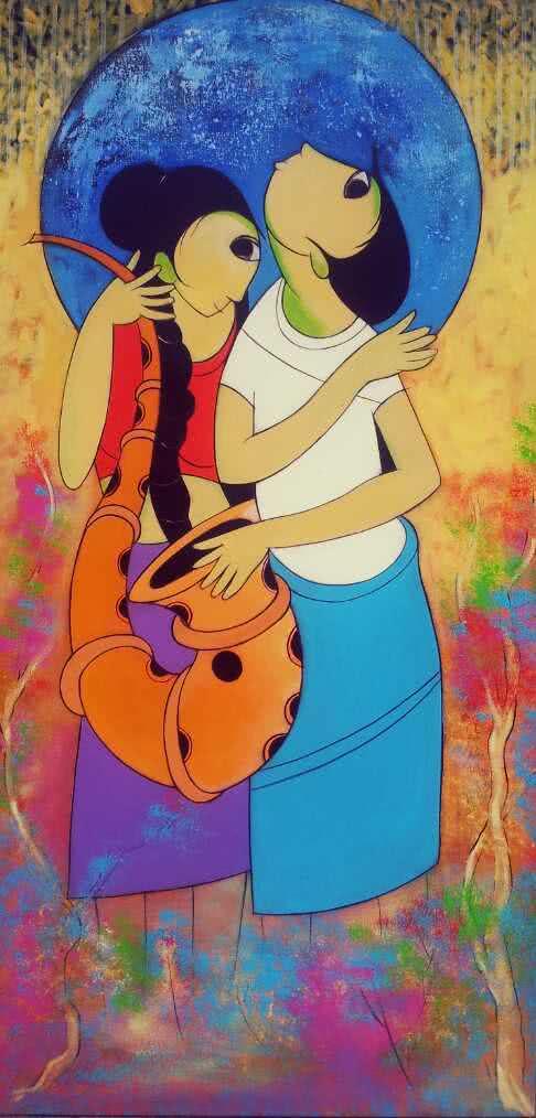 Figurative acrylic painting titled 'Musical Love', 48x24 inches, by artist Dnyaneshwar Bembade on Canvas