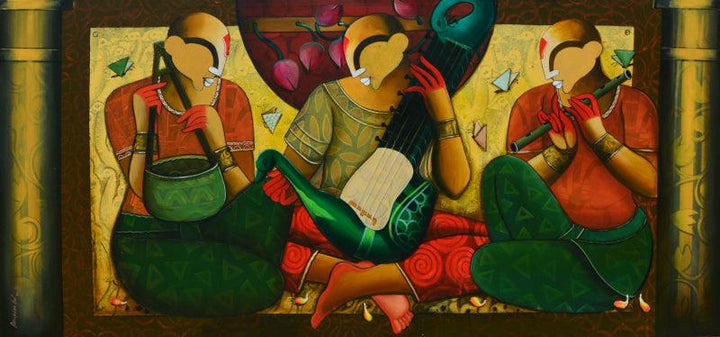 Figurative acrylic painting titled 'MUSICAL MINDS IN CONVERSATION', 36x78 inches, by artist Anupam Pal on canvas