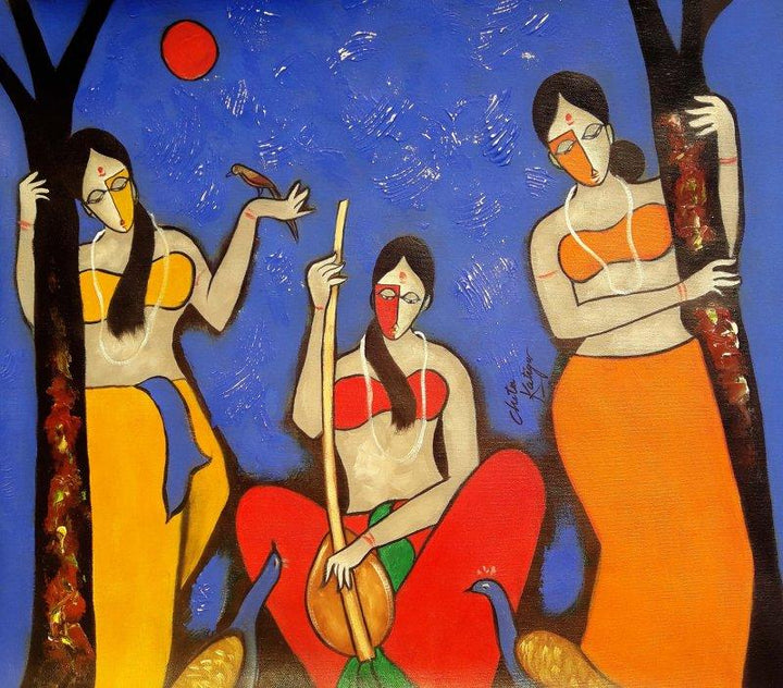 Figurative mixed media painting titled 'Musical Night', 24x24 inches, by artist Chetan Katigar on Canvas