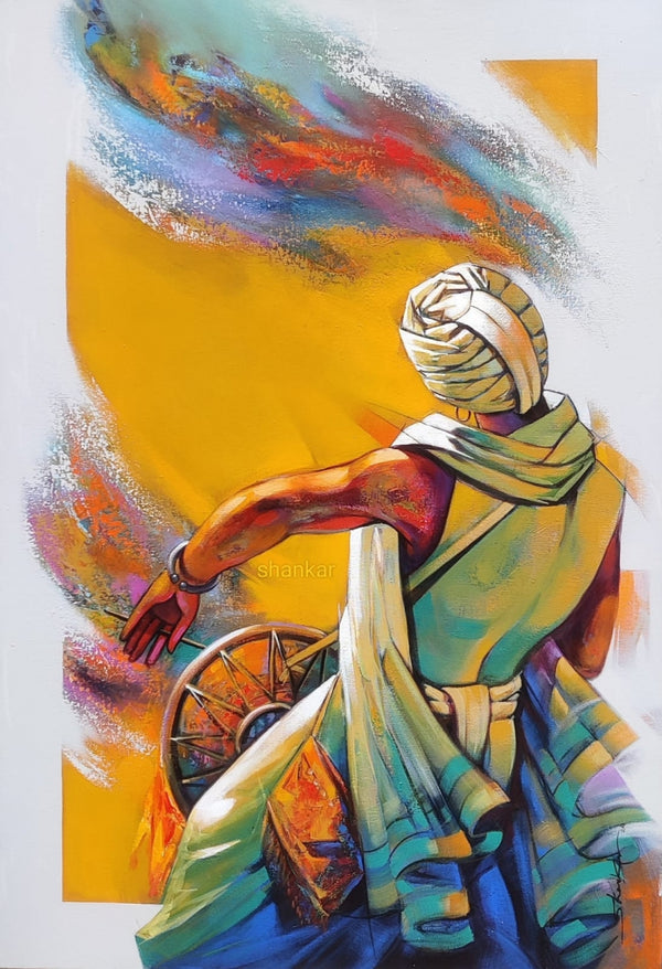 Figurative acrylic painting titled 'Musician 2', 48x33 inch, by artist Shankar Gojare on Canvas