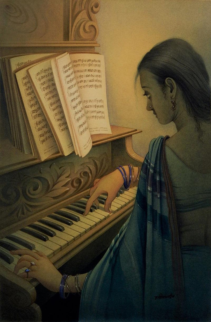 Figurative watercolor painting titled 'Musician 2', 22x15 inches, by artist Rajib Gain on Paper