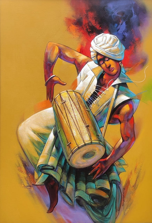 Figurative acrylic painting titled 'Musician 3', 48x33 inch, by artist Shankar Gojare on Canvas