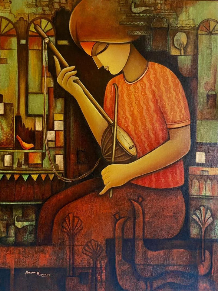 Figurative acrylic painting titled 'The Musician', 32x24 inches, by artist Mousumi Mukherjee on Canvas