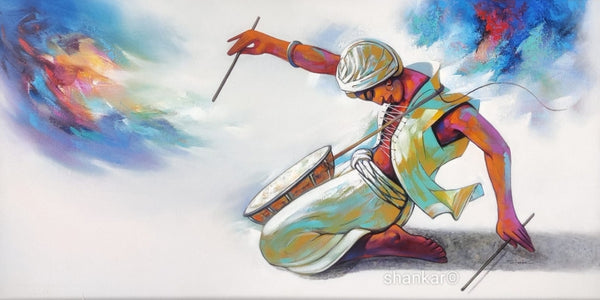 Figurative acrylic painting titled 'Musician', 60x30 inch, by artist Shankar Gojare on Canvas