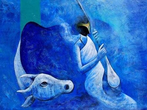 Figurative acrylic painting titled 'Musician and the Cow', 48x36 inches, by artist Narayan Shelke on Canvas