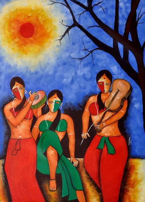 Figurative oil painting titled 'musician ', 38x25 inches, by artist Chetan Katigar on Canvas