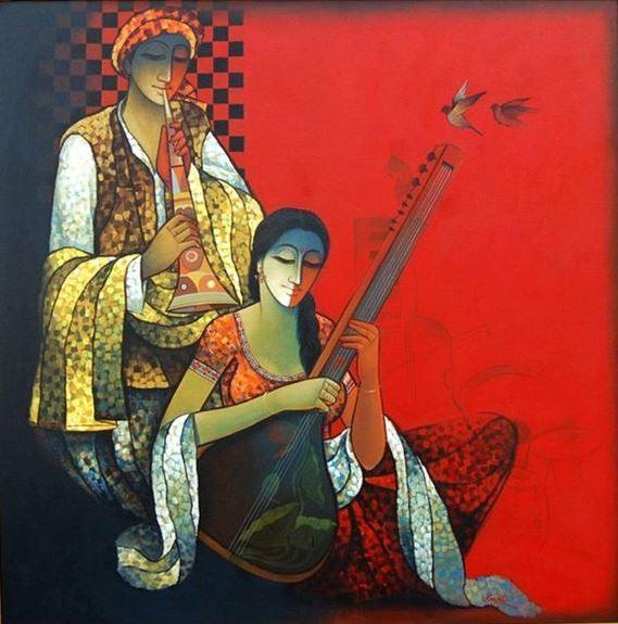 Figurative mixed media painting titled 'Musician Couple I', 48x48 inches, by artist Ram Onkar on Canvas