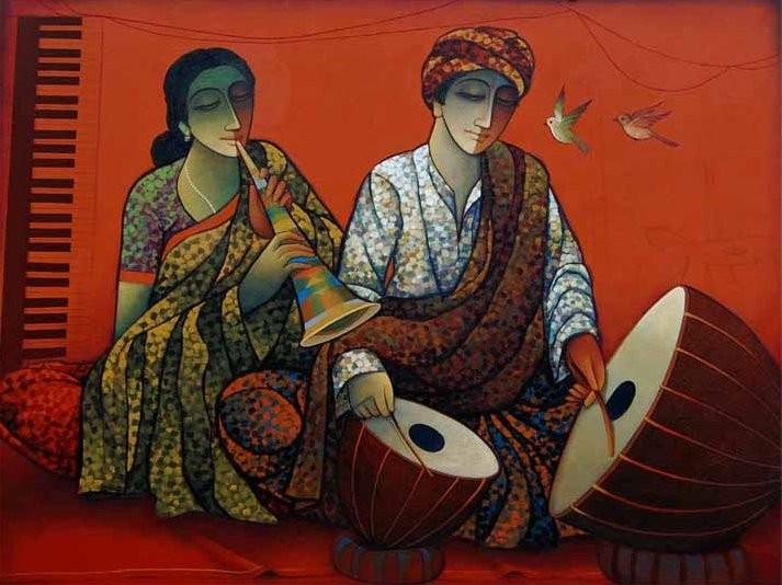 Figurative mixed media painting titled 'Musician Couple II', 44x57 inches, by artist Ram Onkar on Canvas