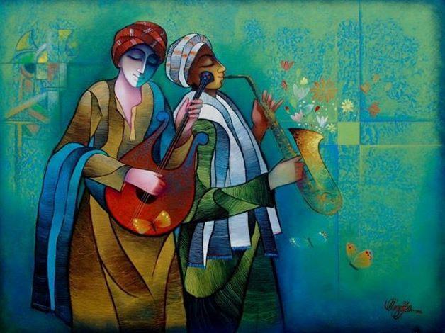 Figurative mixed media painting titled 'Musician Duo', 30x40 inches, by artist Ram Onkar on Canvas