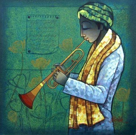 Figurative mixed media painting titled 'Musician I', 17x17 inches, by artist Ram Onkar on Canvas