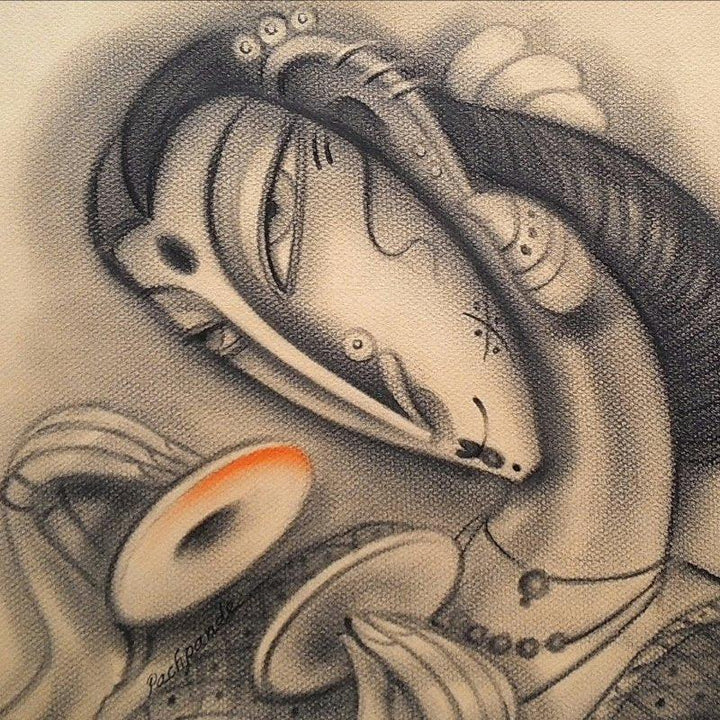 Figurative charcoal painting titled 'Musician IV', 12x12 inches, by artist Ramesh Pachpande on Paper