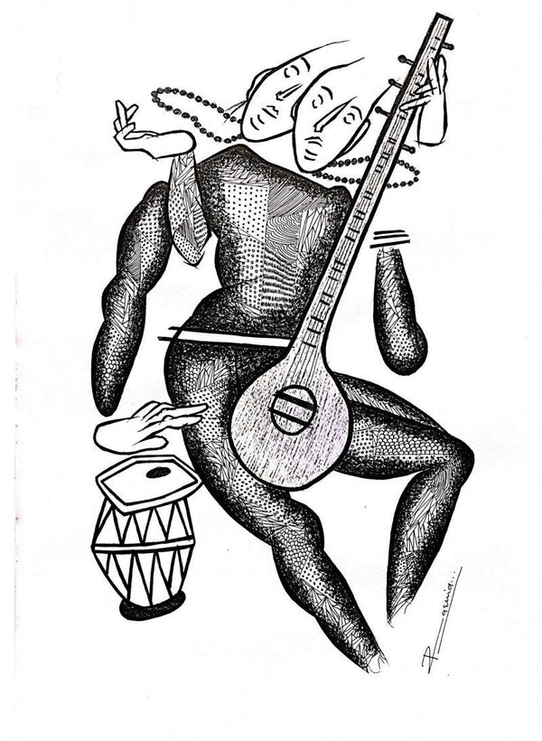 Figurative pen ink drawing titled 'Musician Series 3', 19x13 inches, by artist Rashid Ahamad on Paper